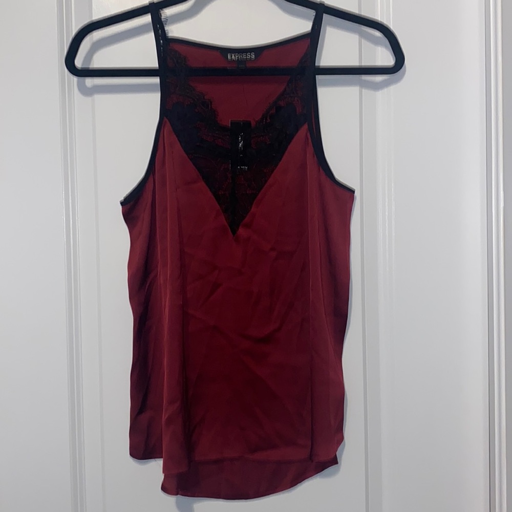 Express burgundy silky tank top with lace